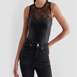 Body Contour High Neck Faux
Leather Lace Bodysuit